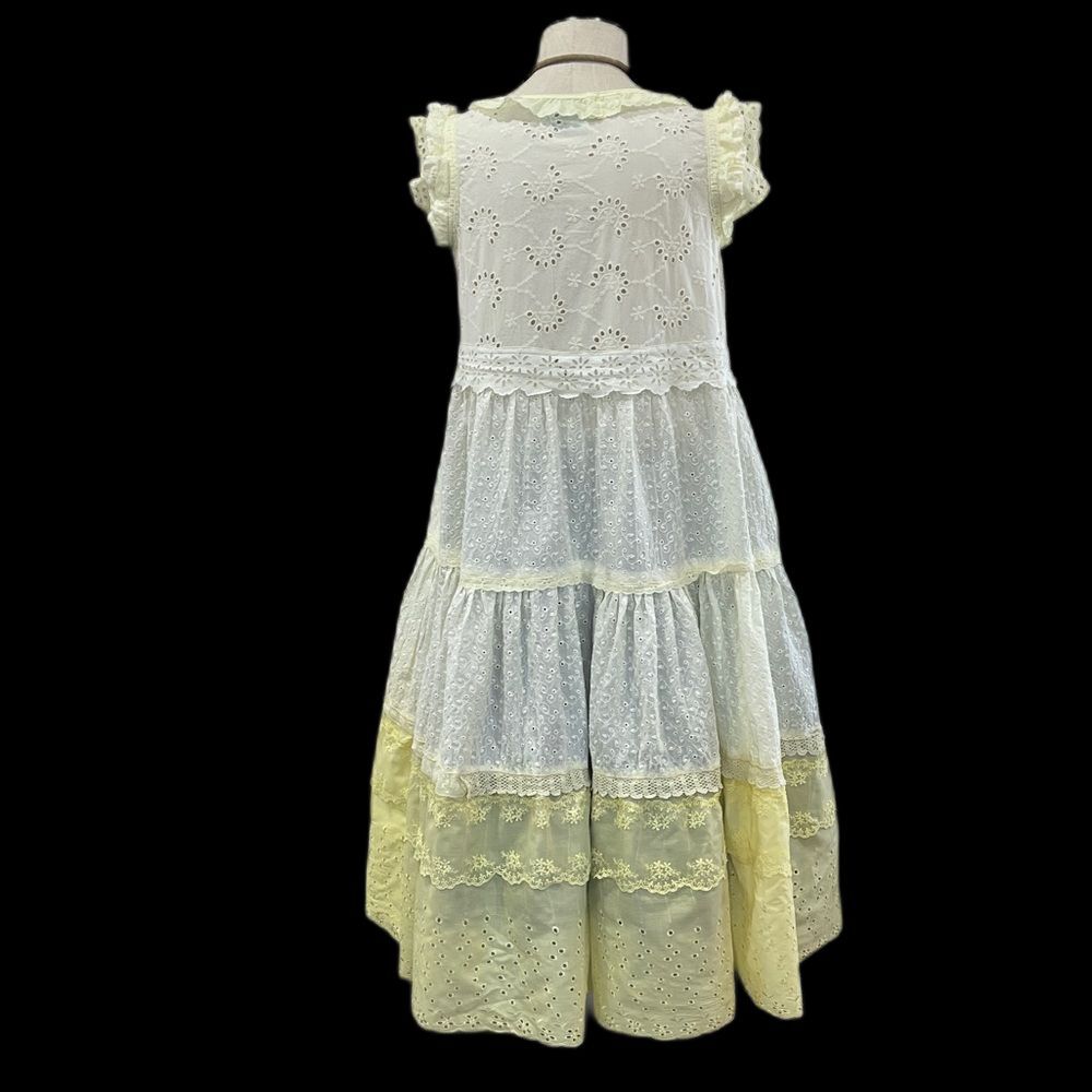 Pale yellow Upcycled shabby chic eyelet Boho Prairie dress with 3 tiers, size M - Picture 7 of 7